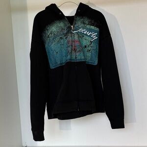 Black Graphic Zip-Up Social Securty Hoodie
